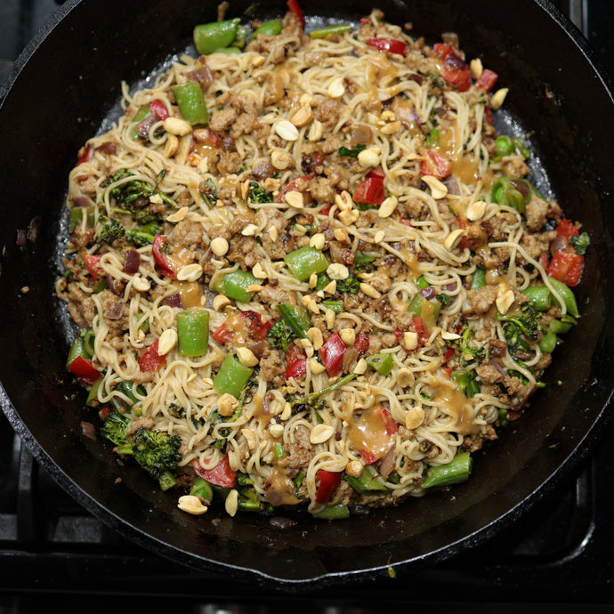 Creamy Peanut Pork Larb with Ramen Rice Noodles
