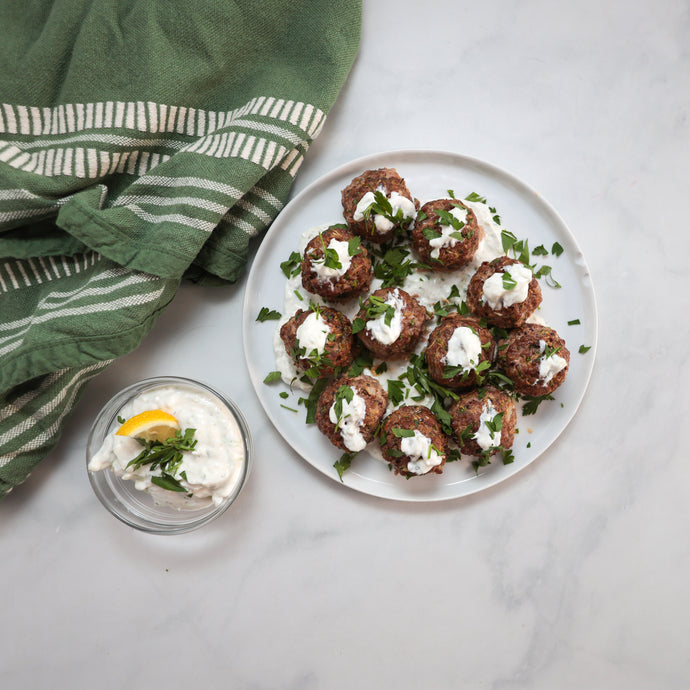 30 Minute Sheet Tray Greek Meatballs with Tzatziki Sauce