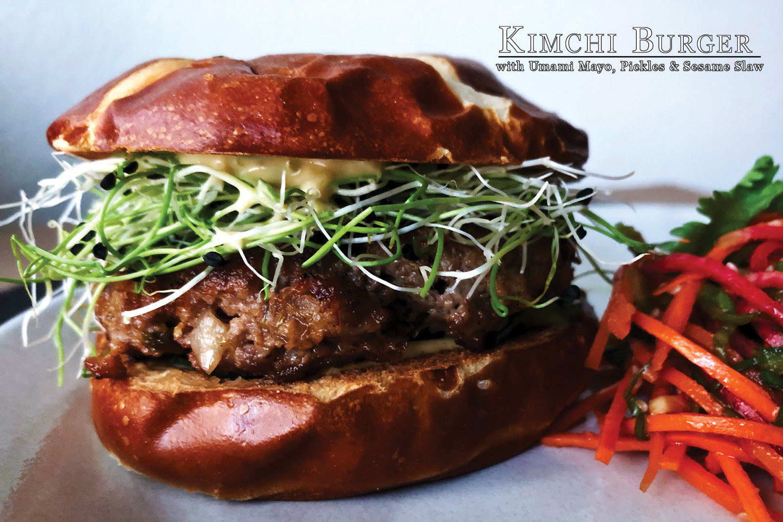 Kimchi Burger with Umami Mayo, Pickles & Sesame Slaw