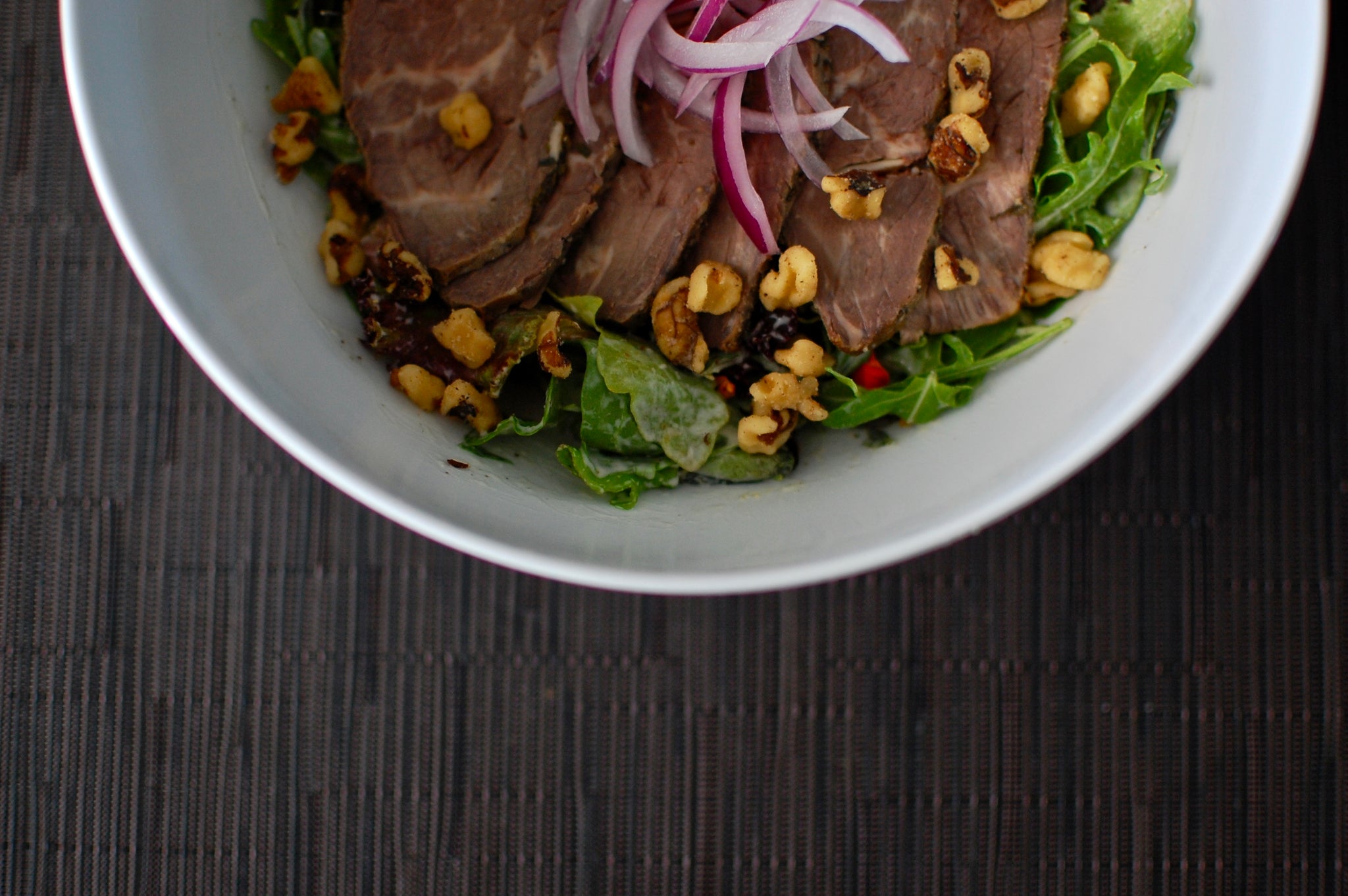 Roast Beef Salad with Creamy Horseradish, Red Onions & Walnuts