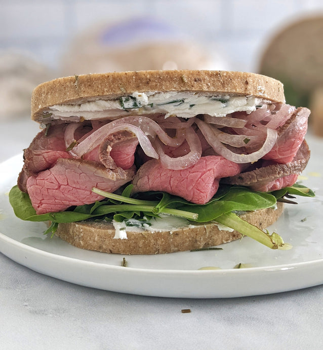 Gluten-Free Rosemary Roast Beef Sandwich with Herbed Goat Cheese